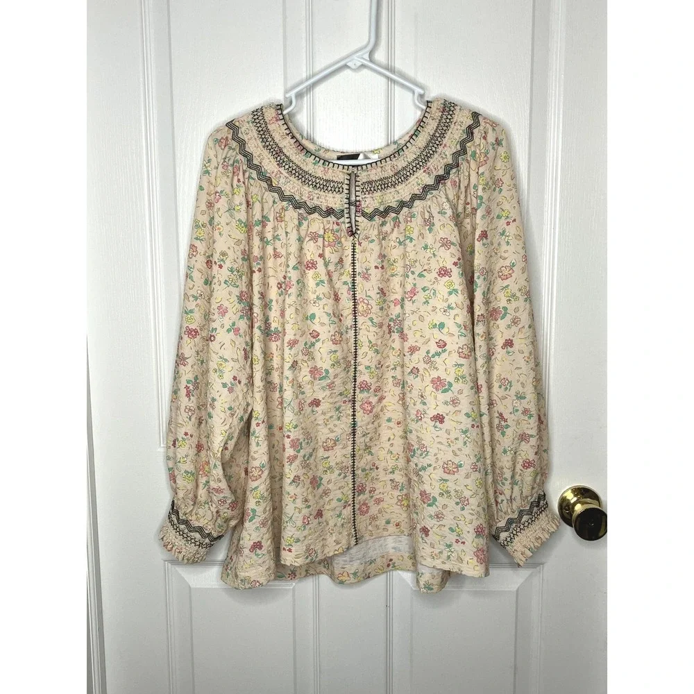 Piper & Scoot Exclusive Buy Me Flowers‎ Boho Blouse Cream Embroidered Size Large - Picture 2 of 8